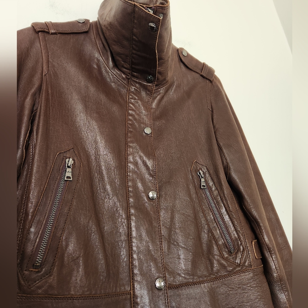 Marc New York Andrew Marc Brown Leather Funnel High Collar Jacket - Picture 11 of 15